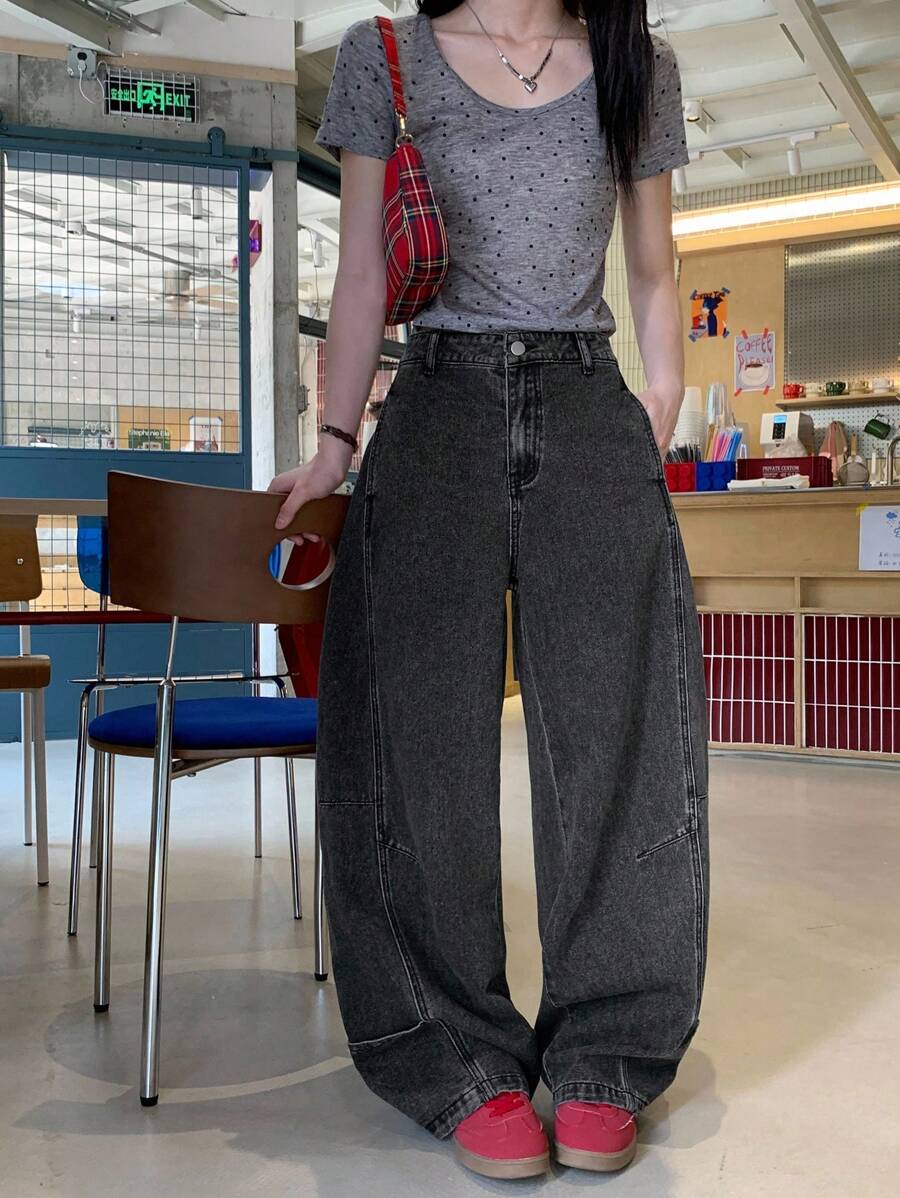 DAZY Blugi de damă coreeni, spălați, casual, de lungime medie, cu picior drept