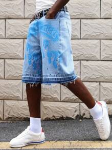 ROMWE MEN Street Life Pantalones cortos vaqueros de hombre con decoración de rhinestones e impresión, aptos para primavera/verano - Azul - Ver 5