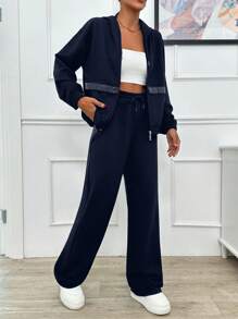 EURMUSE TWO PIECES TWO THREAD HOODIE SWEATHIRT AND SWEATPAT WITH SPARKLE STONE DETAIL - Navy Blue - View 3