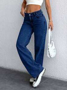 EURMUSE 100% Cotton Low Waist Snow Wash Wide Leg Jeans - Dark Wash - View 6