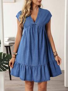 EMERY ROSE Women's Casual Loose Daily Ruffled Hem V-Neck Denim Dress - Blue - View 4