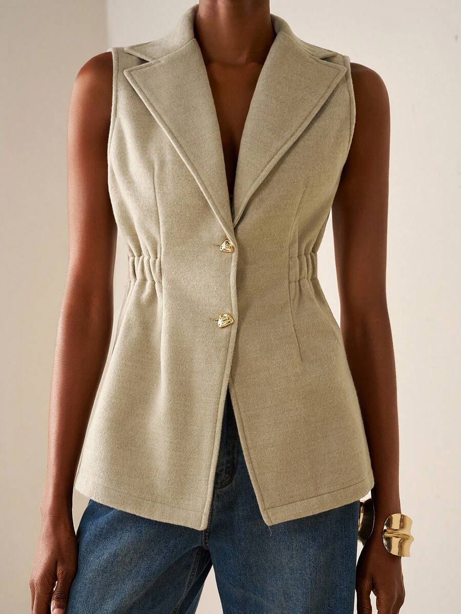 Zivah 20  Fall/Winter New Arrival College Style Music Festival Graduation Casual Daily Vacation Beach Sunbathing Streetwear Commute Elegant Lapel Vest Sleeveless Overcoat Thin A-Line Waisted Apricot Woolen Vest - Apricot - View 1