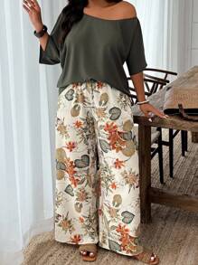 SHEIN PETITE CURVE Plus Size Asymmetrical Collar Solid Shirt And Floral Print Pants 2 Pieces Set