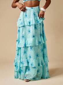 MISSGUIDED 花卉烂花荷叶边超长舞会套装，含 Bralette 上衣，特殊场合花园派对婚礼宾客春夏节日波西米亚风 - 藍色 - 查看 5