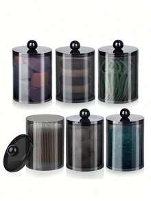 1pc Transparent Storage Box For Cleaning Rod, Round Pad And Dental Floss Pick - 10oz Clear Plastic Jar Set, Suitable For Bathroom And Dressing Table Storage And Organization, Black Night Stand Makeup Storage Box,Living Room Decor Pen Holder Storage Box