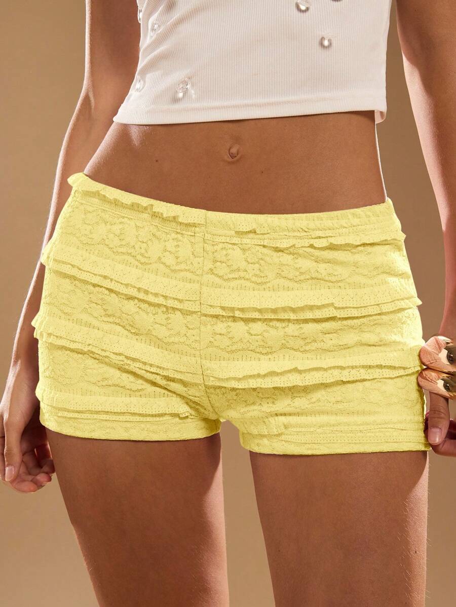 SHEIN BAE Shorts elásticos de cintura ajustada a rayas para mujer, para verano, playa y vacaciones - Amarillo - Ver 1