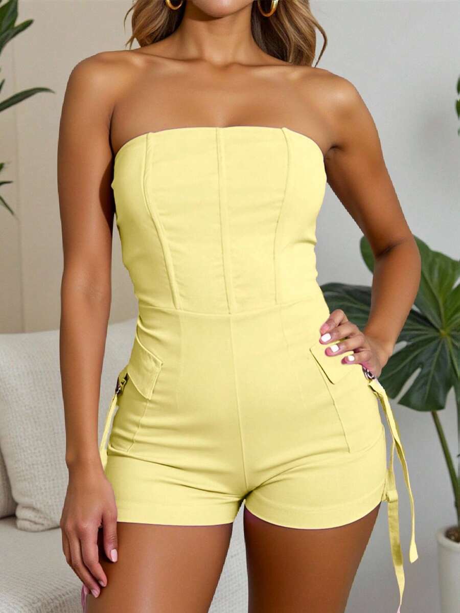 INAWLY Women's Sexy Strapless Pocket Bodycon Jumpsuit, Summer - Yellow - View 1