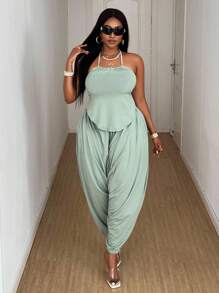 Maweii Summer Casual Sexy Backless Halter Top & Pants 2 Pieces Set, Plus Size Vacation Outfit - Green - View 4