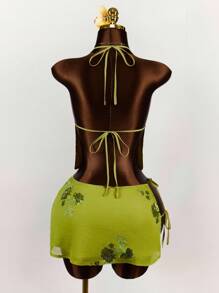 Amplova 2件套亮片花卉刺绣深V露背露背短款上衣和前开叉裹身裙 - 綠色 - 查看 7