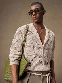 AKNOTIC Business Casual 男士针织时尚休闲宽松长袖西装外套男士钩针衬衫男士针织花衬衫男士开放式针织衬衫花卉钩针男士衬衫，秋季 - 杏色 - 查看 4