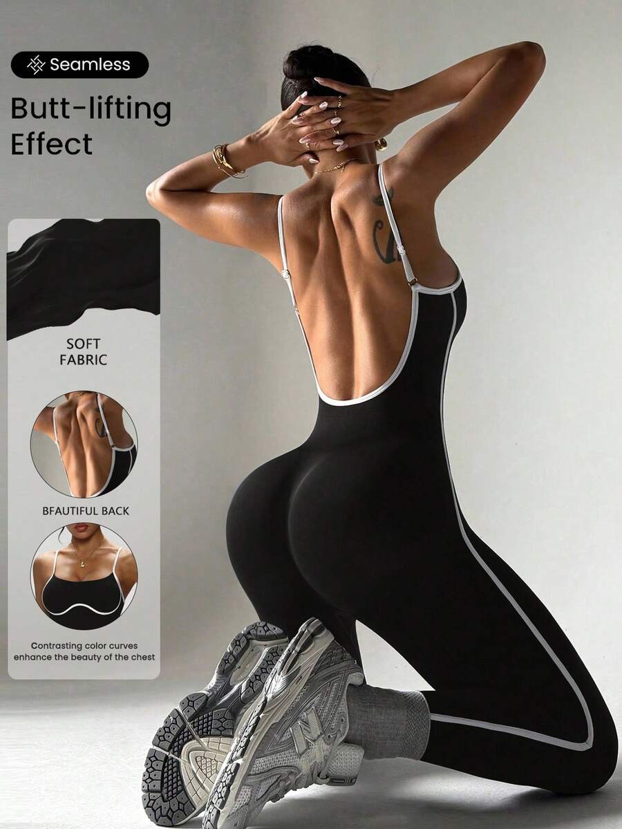 Dewbera Contrast Color Trim Backless Camisole Skinny Jumpsuit - Black - View 1