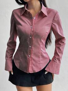 Sweetra Women's Long Sleeve Button-Down Casual Fitted Striped Shirt Fall Cloth For Women