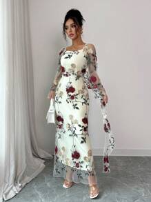 Elenzga Women's Square Neck Sheer Floral Embroidered Elegant Dress, Suitable For Gatherings And Formal Occasions, Spring/Summer Resort Wear (Random Embroidery) Fall Cloth For Women