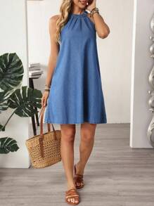 EMERY ROSE 女式度假休闲挂脖牛仔连衣裙 - 藍色 - 查看 7