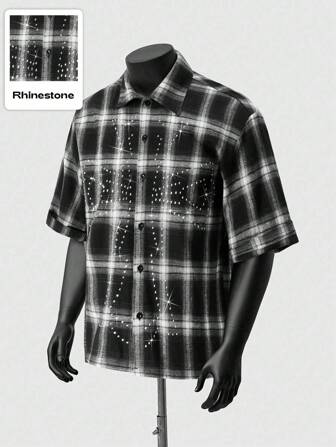 Street Life Camisa de manga corta a cuadros con efecto de strass cruzado, diseño de moda unisex