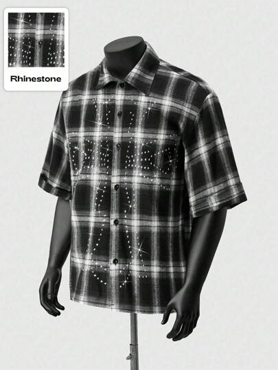 Grunge Punk Camicia a maniche corte unisex con effetto plaid a croce e strass, design alla moda
