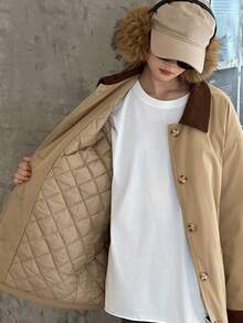 DAZY Teen Girls' Colorblock Patchwork Long Sleeve Padded Coat, Casual Street Style For Winter - Khaki - View 6