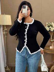 Elenzga Cárdigan elegante de manga larga con adornos de encaje y perlas falsas, y ribete contrastante, talla grande - Negro - Ver 3