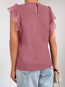 EURMUSE Women's Polka Dot Mesh Panel Ruffle Trim Short Cap Sleeve Fashion Blouse - Dusty Pink - View 2