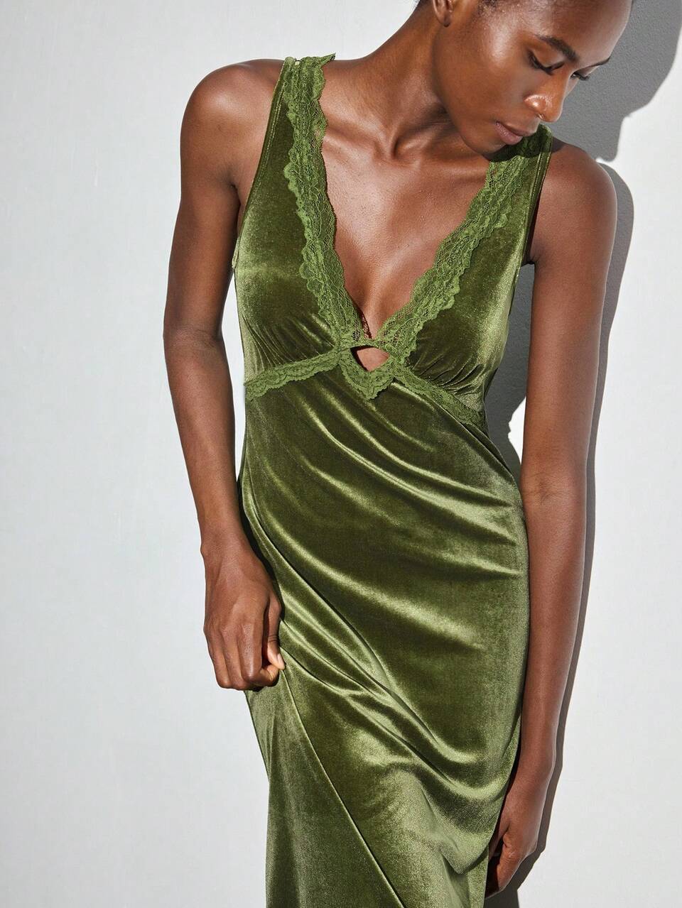 SHEIN Maija Elegant Olive Green Velvet Dress,Lace Patchwork Deep V-Neck Bodycon Summer Dining Party Dress,Old Money Style Wedding Guest Clothes For Women