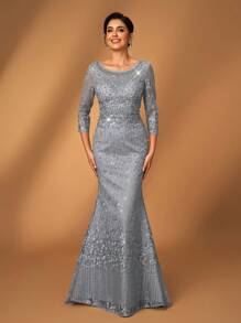 Serin Dusty Blue Summer Formal Elegant Evening Formal Wedding Dress,Luxury Embroidered Lace Rhinestone Pearl Sheer Long Sleeve Mermaid Bridal Mother Gown - Army Green - View 5