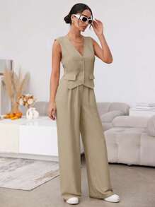 SHEIN Solid Color Vest And Pants Casual Two Piece Set - Apricot - View 3