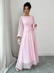 Elenzga 女式法式浪漫西西里优雅休闲办公室度假下午茶派对圆领褶皱腰抽绳 A 字形松紧腰长袖长裙，春夏 - 淺粉色 - 查看 4