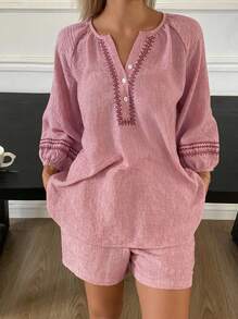 DAZY Floral Embroidery Print Linen Pajamas Set For Women, Fall Clothes - Pink - View 6