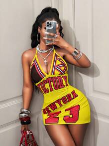 BamGleam 女式深V领字母印花紧身挂脖中长连衣裙