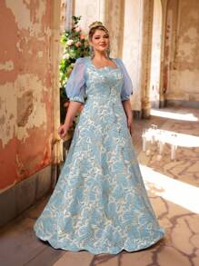 SHEIN Belle 加大码夏季优雅浪漫奢华蓝色卢勒克斯提花缎不对称领口设计泡泡袖修身宽摆下摆连衣裙，适合晚会、舞会、约会、婚礼、毕业典礼、度假 - 藍色 - 查看 2