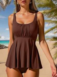 Swim Vcay Women's Brown Summer Beach Vacation Casual Two Pieces Swimwear Set With Tummy Control, Flared Hem Bikini Top And Bottom Spaghetti Strap Tankini