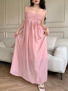 Modelyn 女式优雅纯色夏季褶皱长款吊带裙 - 珊瑚粉 - 查看 6