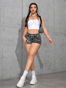 SHEIN PETITE 女士破洞牛仔短裤，带口袋，休闲百搭 - 灰色 - 查看 3