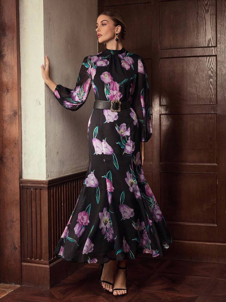ZEYLAH Printed Long Sleeve Lace Up Fishtail Design Elegant Autumn Set