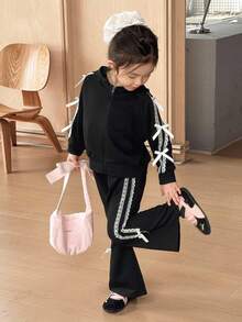 SHEIN 2pcs Young Girl Set: Hooded Sweatshirt With Ribbon & Bow Detail, And Sport Pants, Casual Cute Korean Style Young Girl Girls' Round Neck Knitted Sweaters Set, Fall Back To School Clothes Fall Clothes For Kids Winter Clothes - Black - View 3