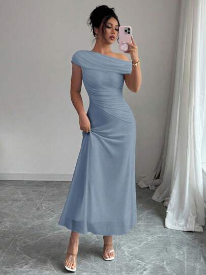 Modelyn 女士网眼肩部不对称领口褶边法式优雅迷人派对连衣裙