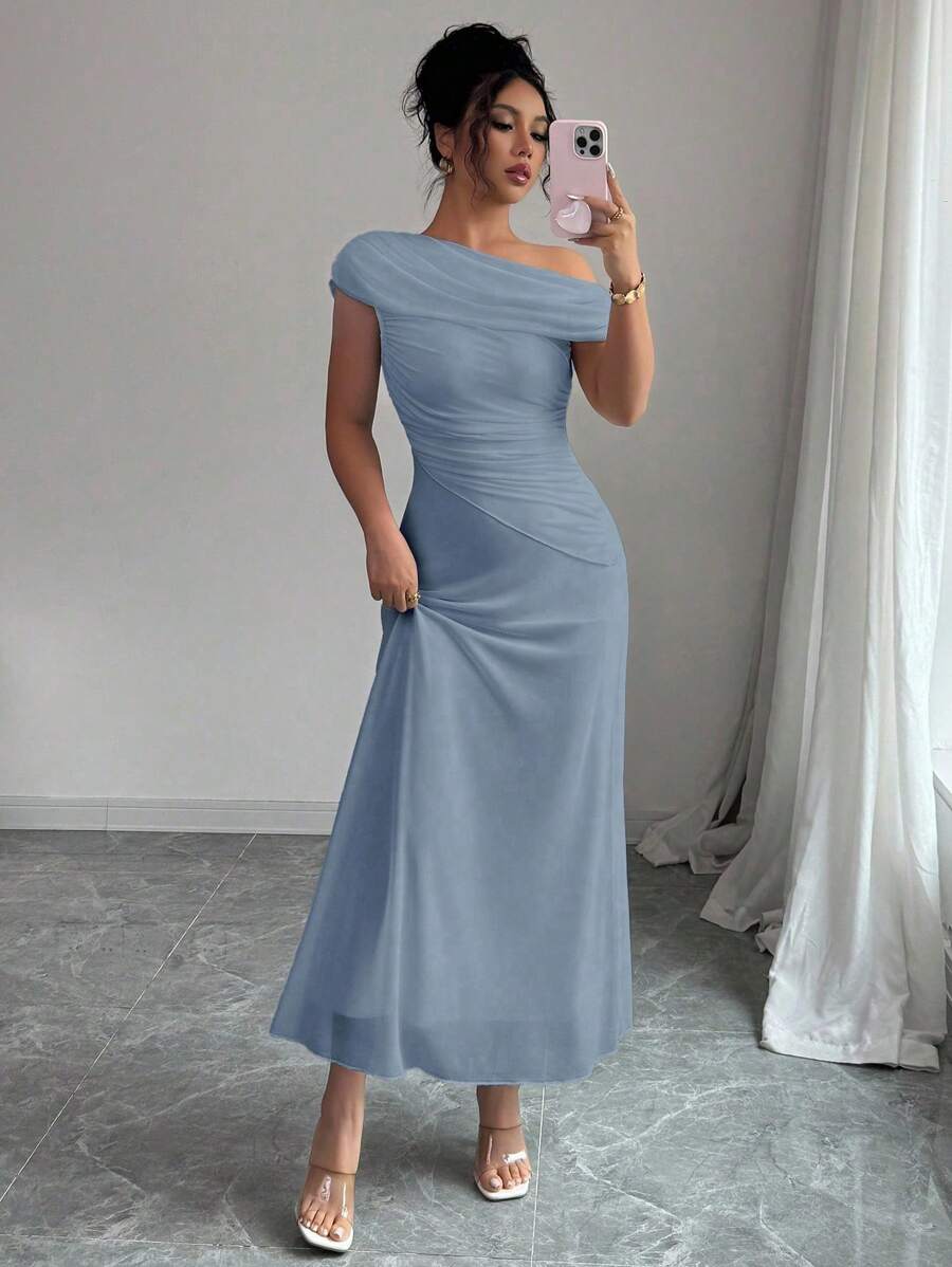 Modelyn Women's Mesh Shoulder Asymmetric Neck Pleated Hem French Elegant Charming Party Dress