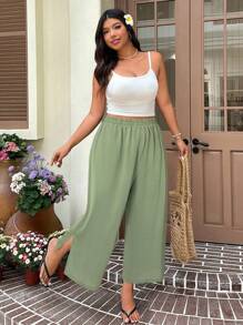 SHEIN EZwear Plus Size Mint Green Casual Loose Straight Leg Cropped Pants,Business Casual Woman, Split Hem Pants, High Waisted Pants, Wide Leg Pants, Summer Pants