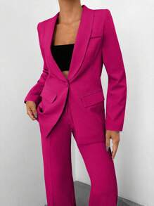 EURMUSE Women's Daily Casual Solid Button Suit Set - Hot Pink - View 3