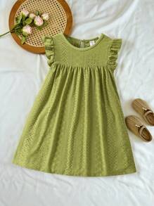 SHEIN Vintaside Kids Young Girl Eyelet Embroidery Ruffle Trim Smock Dress,Holiday,Summer,Travel - Army Green - View 8