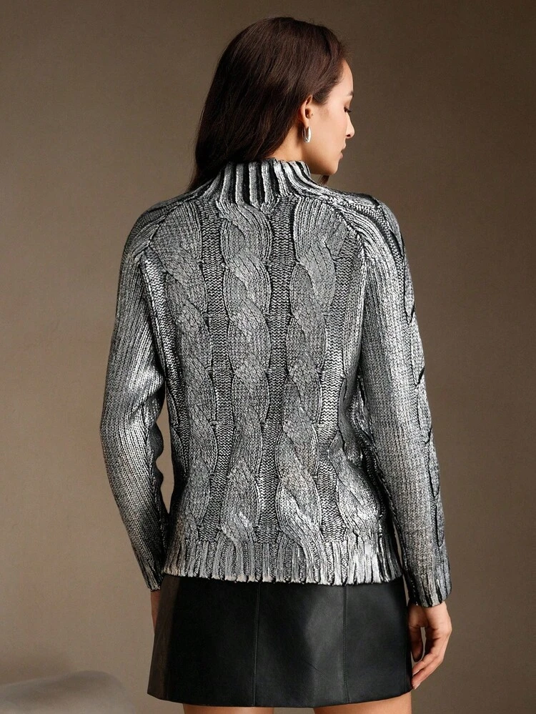 Women's Fashion High Neck Raglan Sleeve Silver Foil Sweater, Autumn/Winter