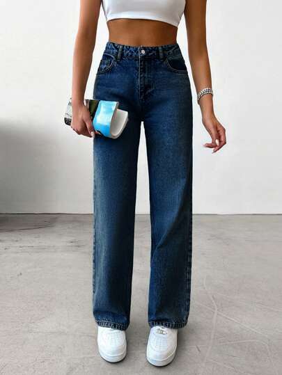 Jeans dritti da donna in 100% cotone, lavaggio vintage