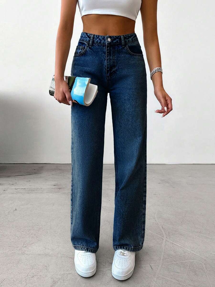 EURMUSE Quần Jeans Ống Thẳng Vintage Washed 100% Cotton Dành Cho Nữ - Rửa trung bình - Xem 1