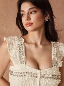 SHEIN Unity Elegant Fashion Celebrity Rhinestone Beading Cami Top And A-Line Skirt 2 Pieces Set For Women - Apricot - View 4