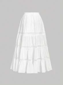 SHEIN MOD 杏色蕾丝拼接复古度假风半身裙波西米亚风田园度假半身裙春夏半身裙沙滩裙 - 白色 - 查看 2