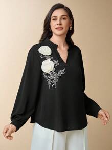 Flouryn Áo cánh thanh lịch thêu hoa 3D màu đen cỡ lớn cho nữ - màu đen - Xem 1