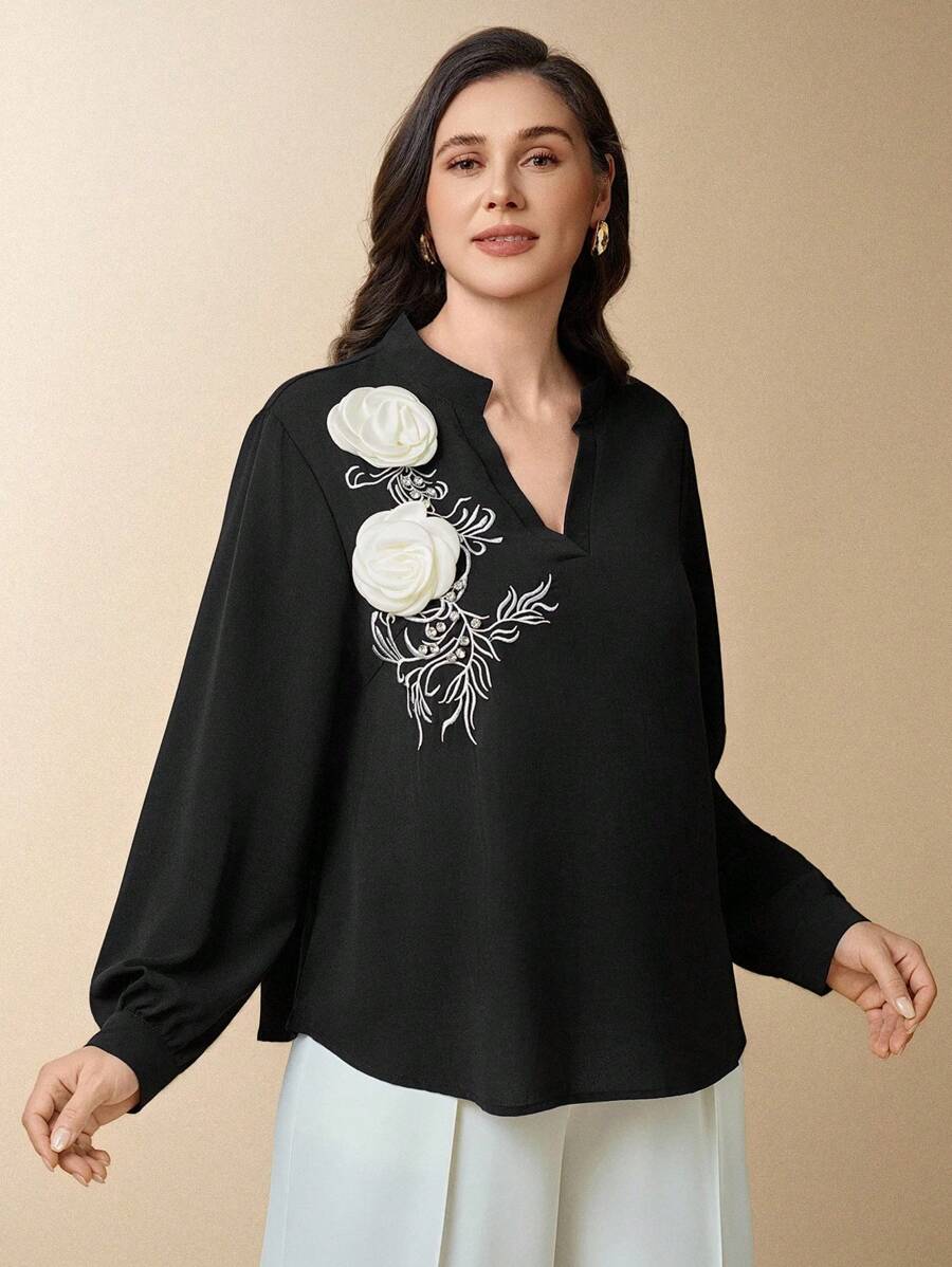Flouryn Áo cánh thanh lịch thêu hoa 3D màu đen cỡ lớn cho nữ - màu đen - Xem 1
