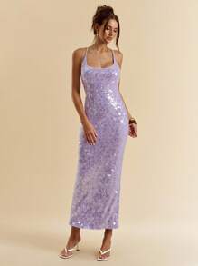 SHEIN BAE Summer Sexy Gorgeous Mint Green Sequins Boho Beach Vacationconcert Outfit Women Halter Neck Summer Dress,Summer Outfits For Women,Club Outfits Women Sexy,Sparkle Vacation Dress, Party Dress,Fall Wedding Guest Dress