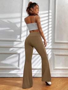 SHEIN EZwear 女士休闲运动喇叭裤，巧克力棕色 - 巧克力棕 - 查看 2