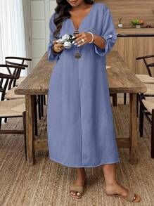 Breezaya Plus Size Casual Metal Decor Roll-Up Sleeve Dress For Holiday BASICS - Navy Blue - View 4